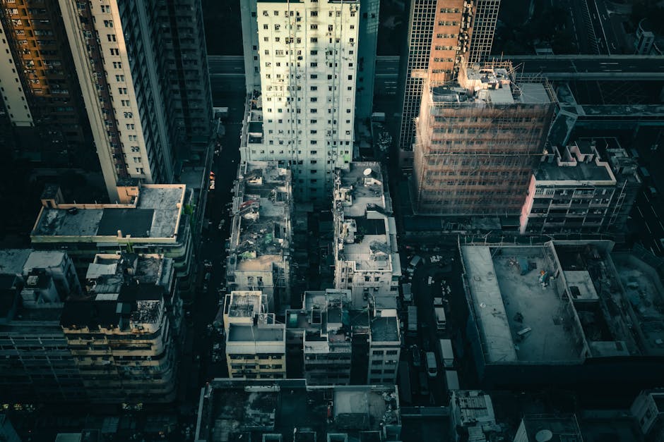 Stunning aerial view of Hong Kong's dense urban architecture captured at dusk.