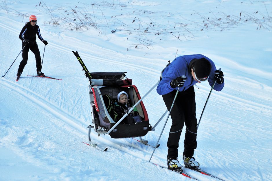 A family enjoys skiing with a baby in a stroller on a snowy winter day, capturing the spirit of adventure.