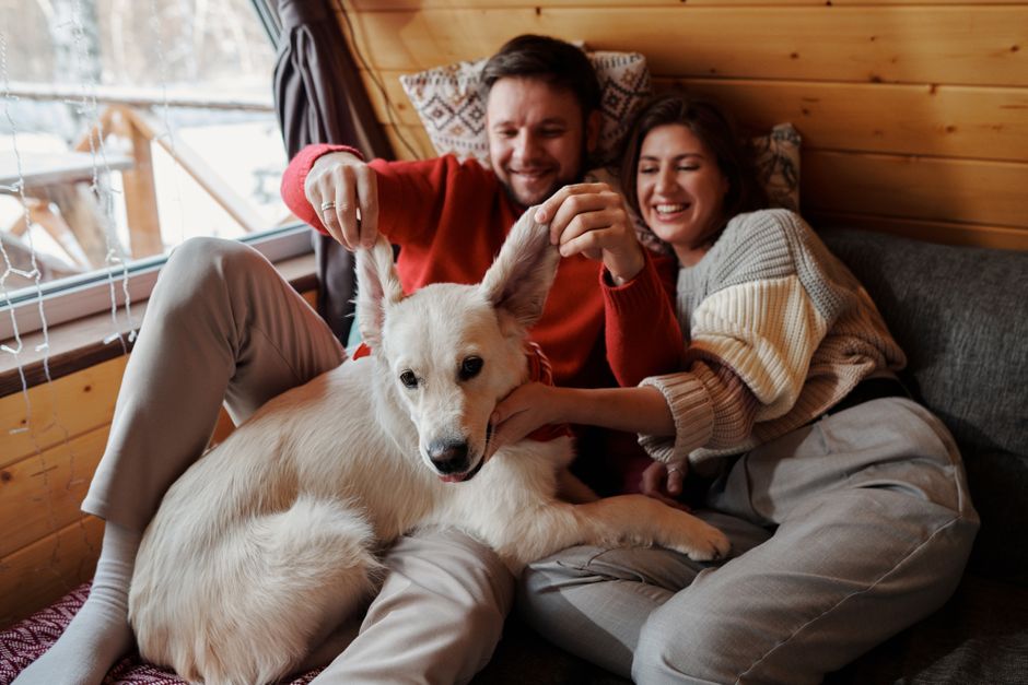 Couple relaxing indoors with their dog during snowy winter day, radiating warmth and affection.